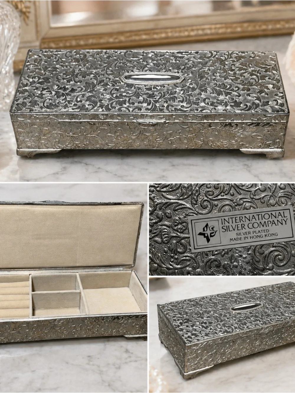 International Silver Jewelry Box Engraved Floral Trinket Vanity VTG Silverplate